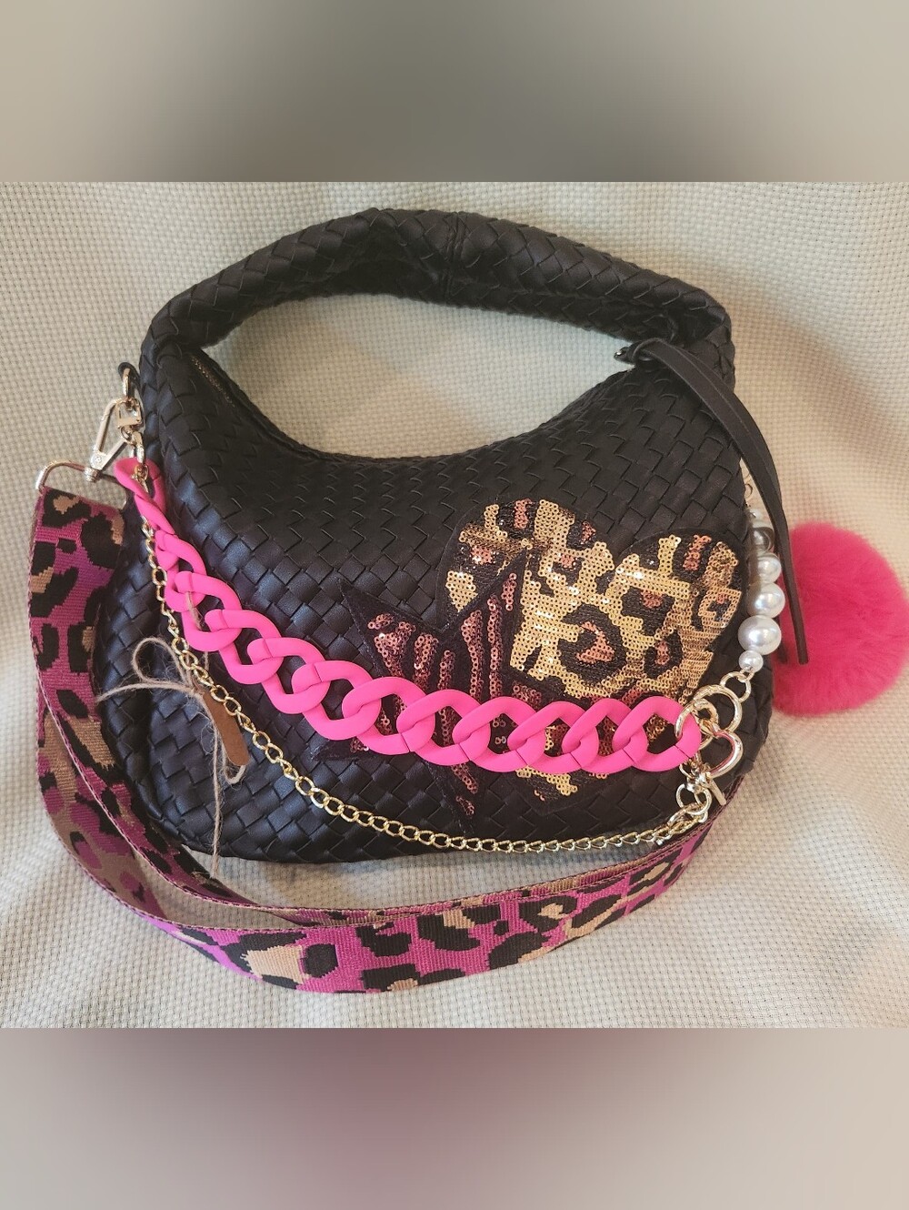 NWT EcoStitch Black Woven Top Handle Crossbody Bag Custom Charms, Bling Accs.